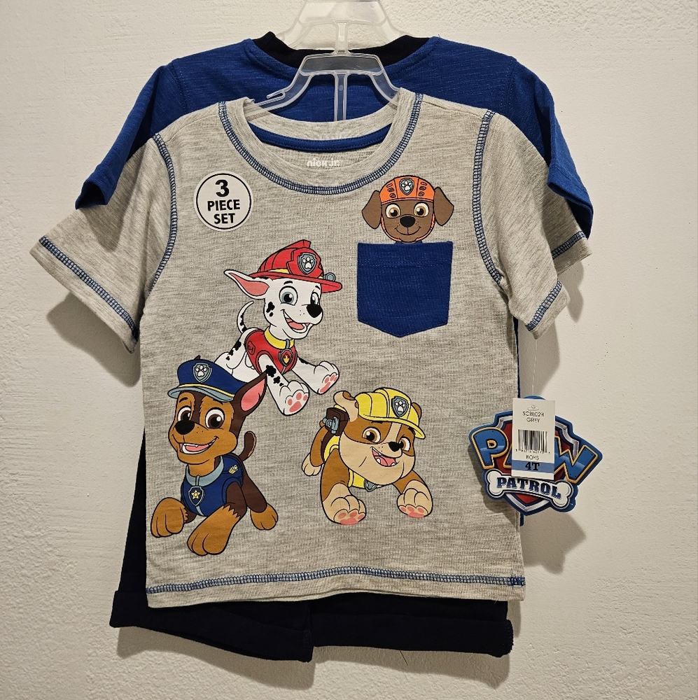 NWT Nick Jr. Kids Paw Patrol Short Sleeve Shirt's and Shorts 3 Piece Set